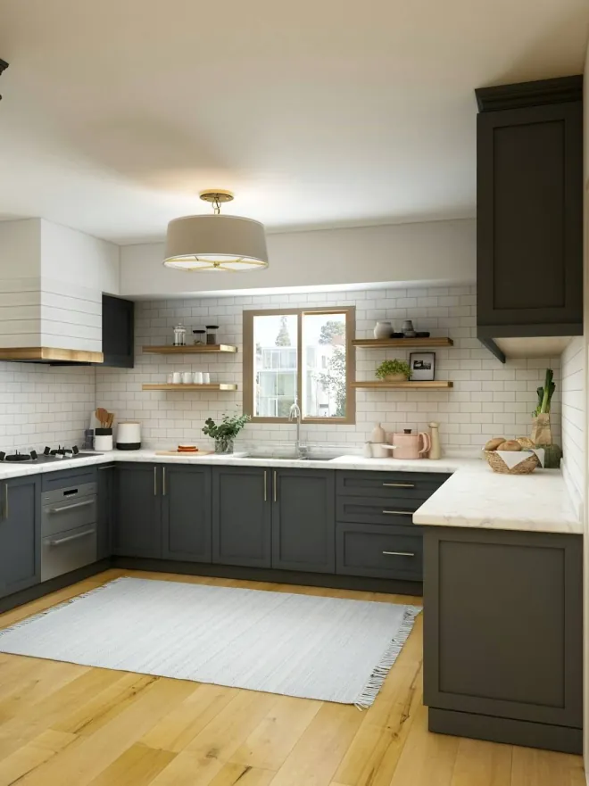 Design reference: a kitchen and bath finish palette with dark green lower cabinets, white uppers and open shelving, the kind of selection an allowance covers