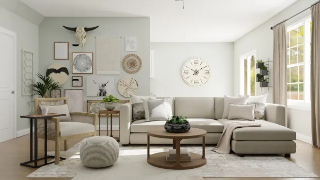 Design reference: neutral living and dining room with a sectional, a round wall clock, a gallery wall and a pale area rug