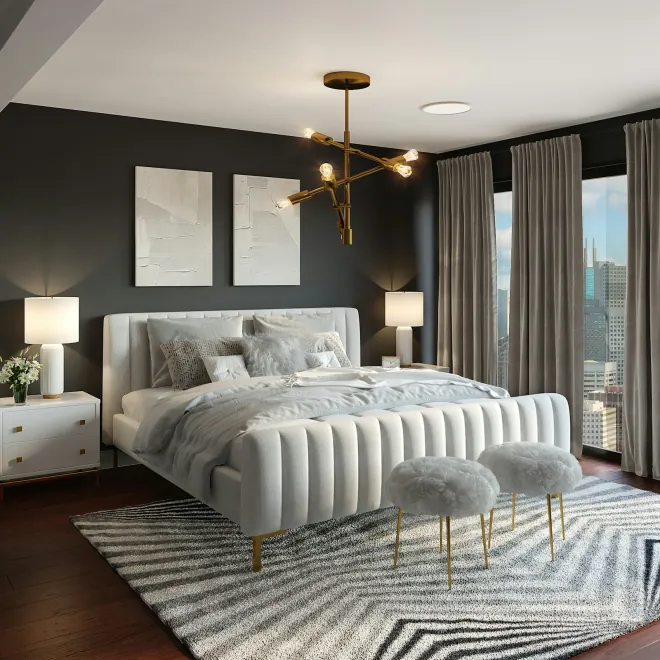 Design reference: bedroom with charcoal feature wall, brass sputnik chandelier, upholstered bed and a patterned wool rug