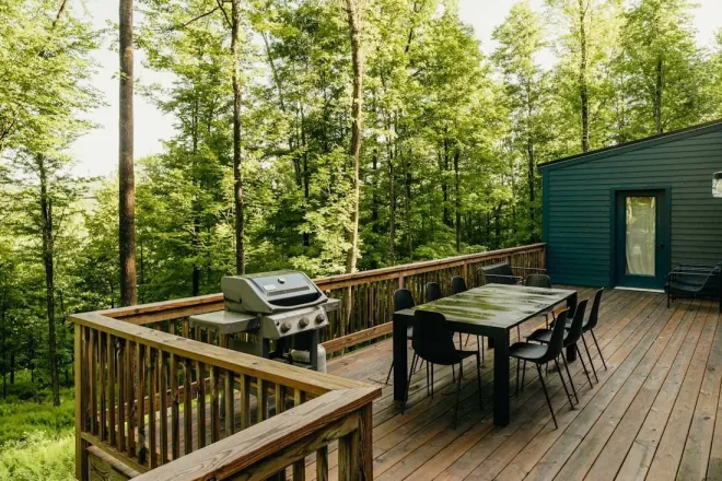 Design reference: wood deck with a gas grill and a dining table beside green house siding, backed by a stand of trees